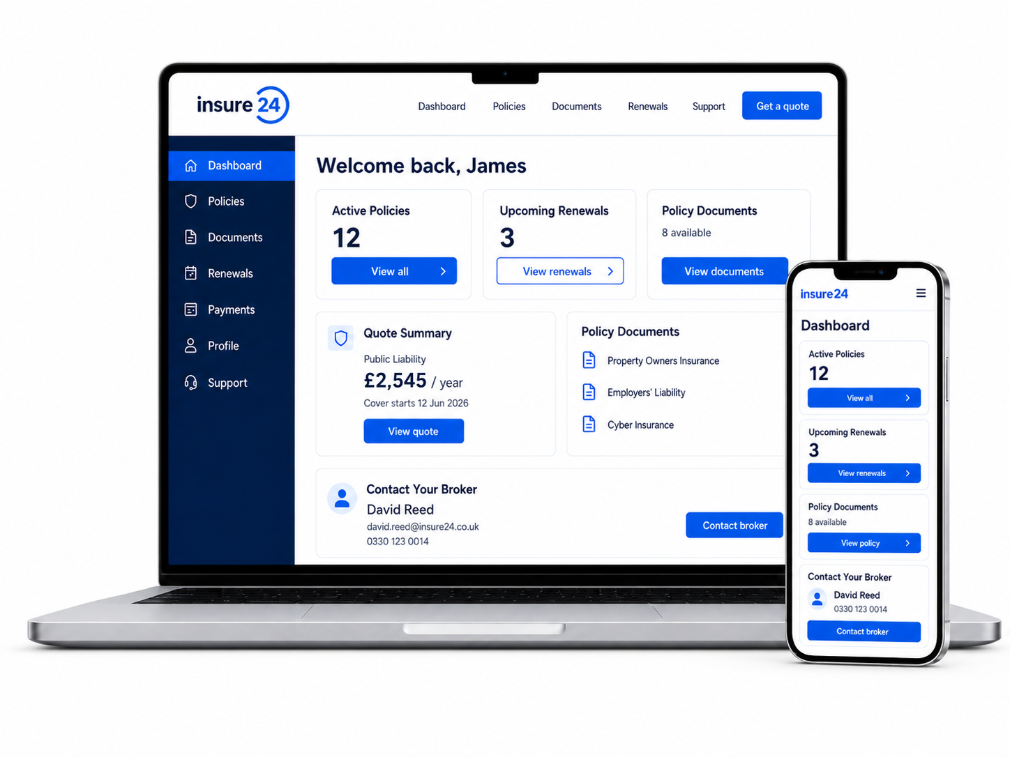 Insure24 client platform showing policies, renewals and documents